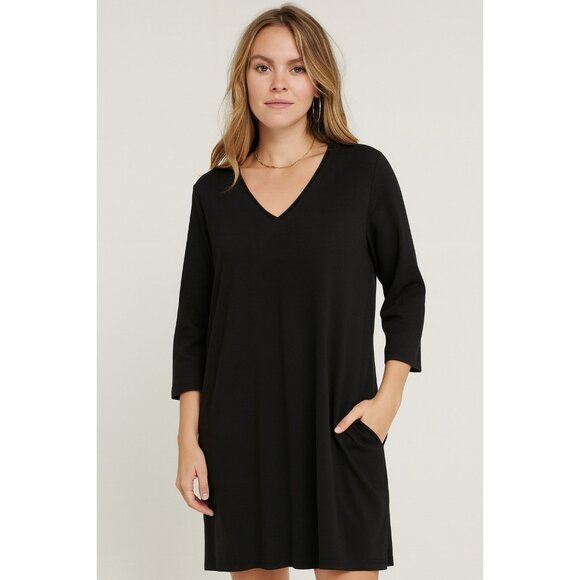 EILEEN FISHER dress pockets knee length 3/4 sleeve organic cotton black PM - Picture 1 of 7
